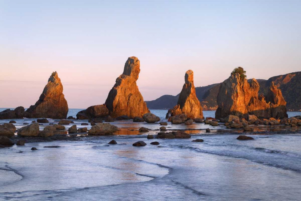 Wall Art Painting id:127580, Name: Japan, Wakagama Hashiguiiwa Rocks at sunset, Artist: Flaherty, Dennis