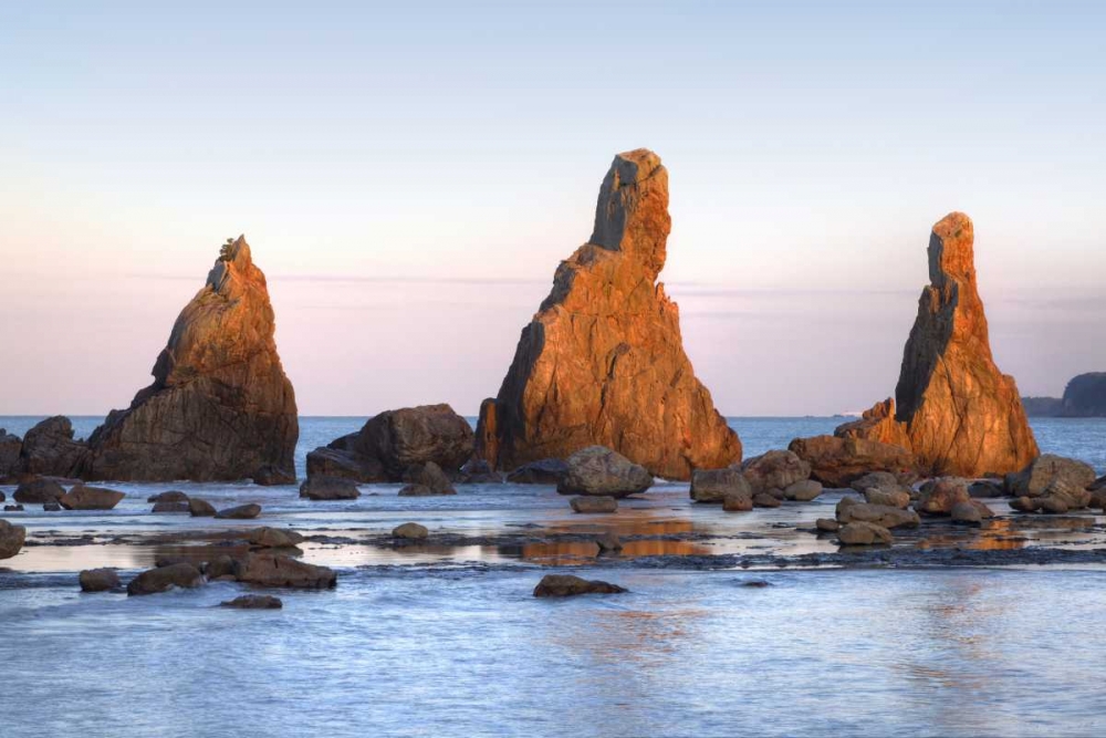 Wall Art Painting id:127581, Name: Japan, Wakagama Hashiguiiwa Rocks at sunset, Artist: Flaherty, Dennis