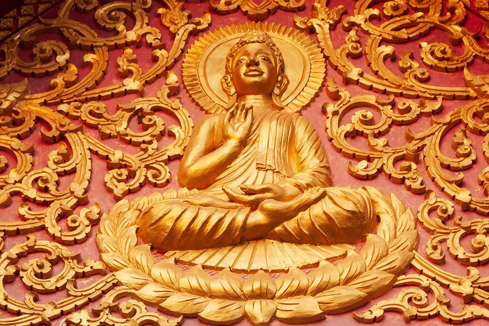 Wall Art Painting id:550567, Name: Laos- Luang Prabang. Golden relief carving of Buddha., Artist: Haseltine, Tom