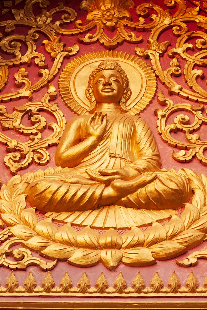 Wall Art Painting id:550568, Name: Laos- Luang Prabang. Golden relief carving of Buddha., Artist: Haseltine, Tom