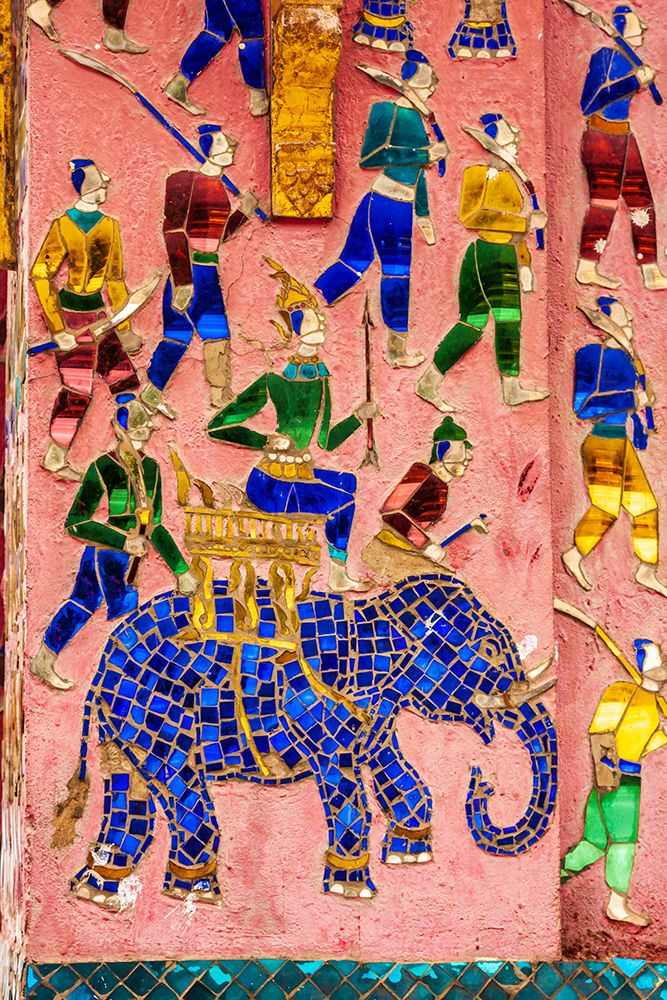 Wall Art Painting id:550571, Name: Laos- Luang Prabang. Mosaic mural depicting a man riding an elephant, Artist: Haseltine, Tom