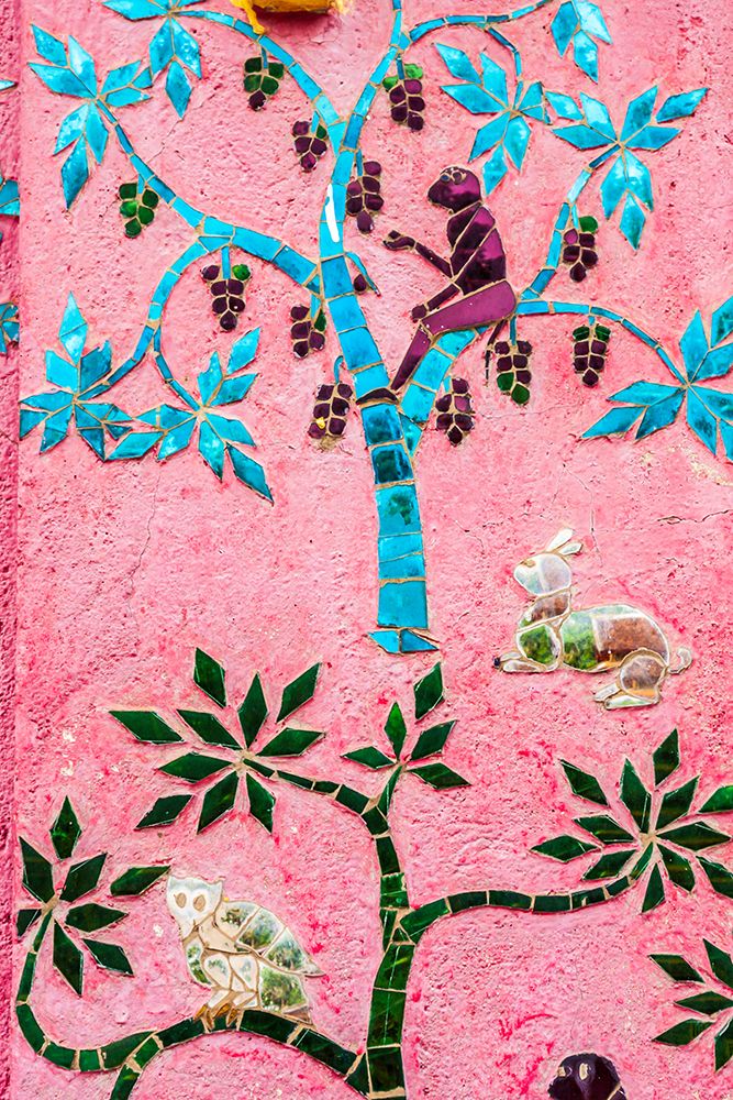 Wall Art Painting id:550574, Name: Laos- Luang Prabang. Mosaic mural depicting a monkey in a fruit tree., Artist: Haseltine, Tom