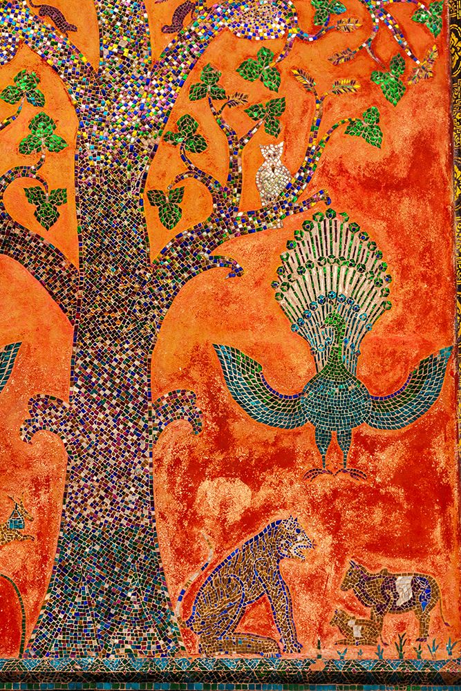 Wall Art Painting id:550576, Name: Laos- Luang Prabang. Mosaic depicting a tree- peacock- and other animals., Artist: Haseltine, Tom