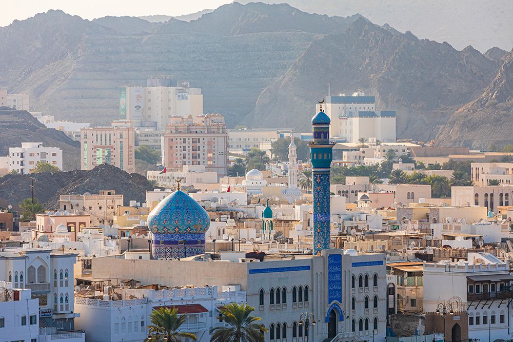 Wall Art Painting id:517623, Name: Middle East-Arabian Peninsula-Oman-Muscat-Muttrah-Blue minaret and dome of a mosque in Muttrah, Artist: Wilson, Emily