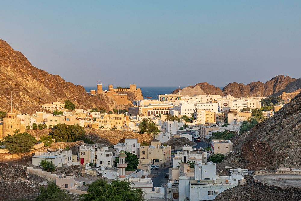 Wall Art Painting id:517628, Name: Middle East-Arabian Peninsula-Oman-Muscat-Sunset view of a neighborhood in the hills of Muscat, Artist: Wilson, Emily