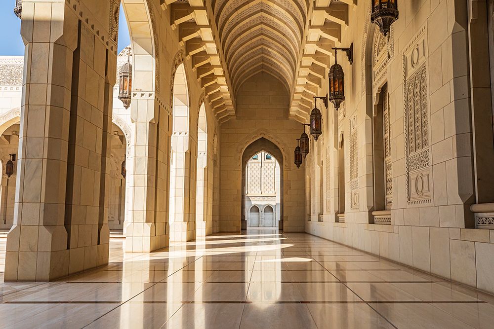 Wall Art Painting id:517633, Name: Middle East-Arabian Peninsula-Oman-Muscat-Exterior corridor of Sultan Qaboos Grand Mosque in Muscat, Artist: Wilson, Emily