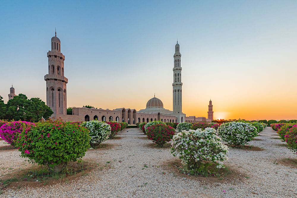 Wall Art Painting id:517641, Name: Middle East-Arabian Peninsula-Oman-Muscat-Sunset view of the Sultan Qaboos Grand Mosque in Bawshar, Artist: Wilson, Emily