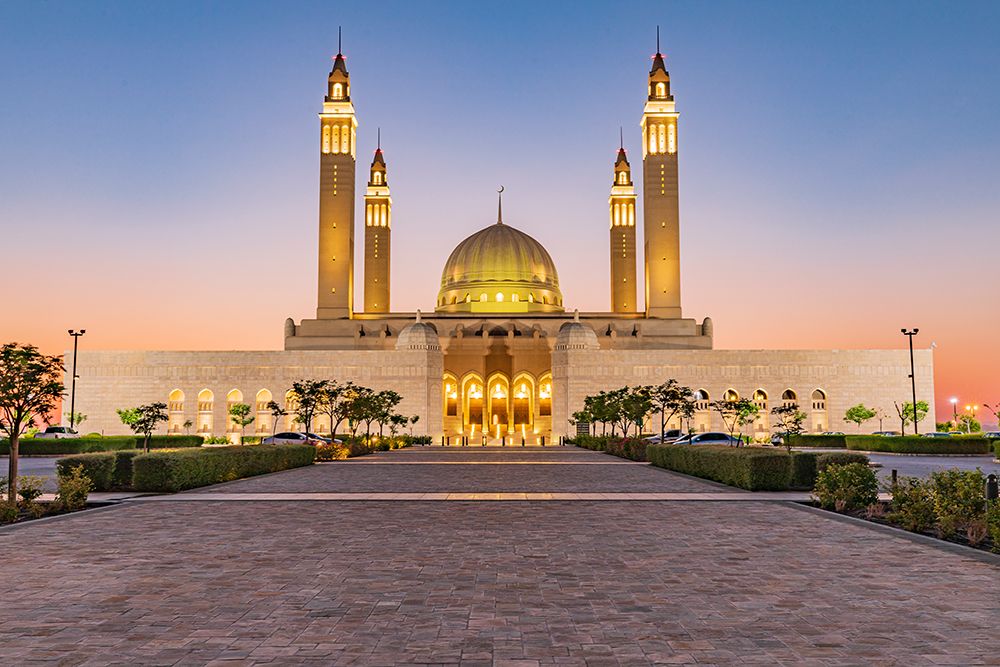 Wall Art Painting id:517648, Name: Middle East-Arabian Peninsula-Oman-Ad Dakhiliyah-Nizwa-Sunset at the Sultan Qaboos Grand Mosque, Artist: Wilson, Emily