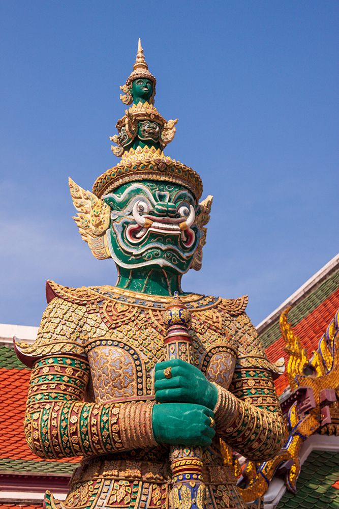 Wall Art Painting id:550603, Name: Thailand- Bangkok. Yaksha- demon depicted in the Ramayana- guarding Wat Phra Kaew, Artist: Haseltine, Tom