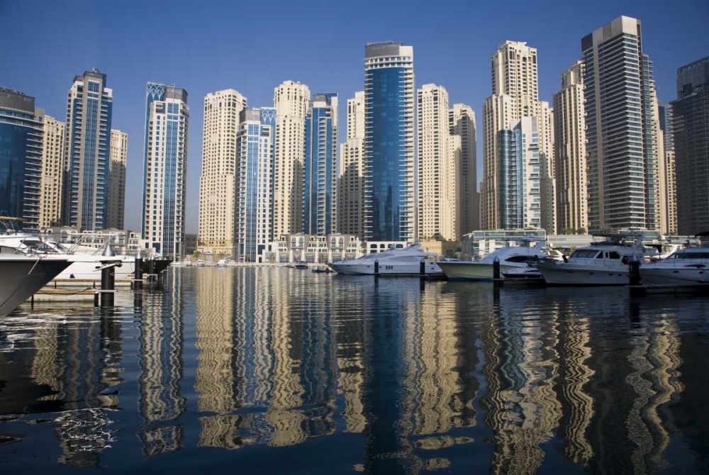 Wall Art Painting id:136361, Name: UAE, Dubai Marina towers with boats at anchor, Artist: Young, Bill