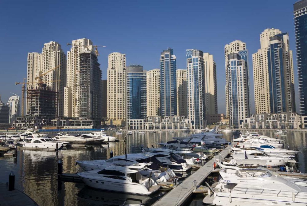 Wall Art Painting id:136362, Name: UAE, Dubai Marina towers with boats at anchor, Artist: Young, Bill