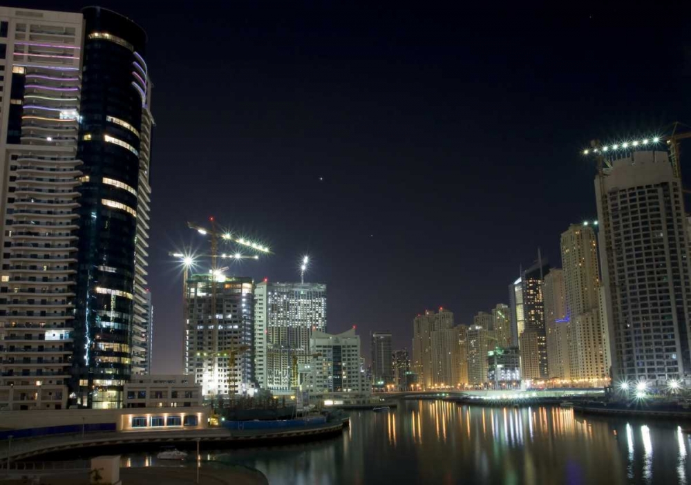 Wall Art Painting id:136189, Name: UAE, Dubai Towers on marina at night, Artist: Young, Bill