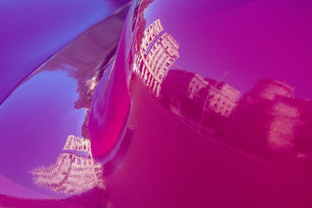 Wall Art Painting id:399462, Name: Reflection of buildings in trunk of hot pink classic American Oldsmobile Havana-Cuba, Artist: Miglavs, Janis