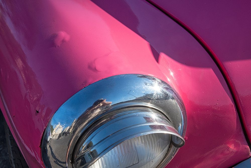 Wall Art Painting id:399463, Name: Detail of chrome head light on hot pink classic American Oldsmobile-Havana-Cuba, Artist: Miglavs, Janis