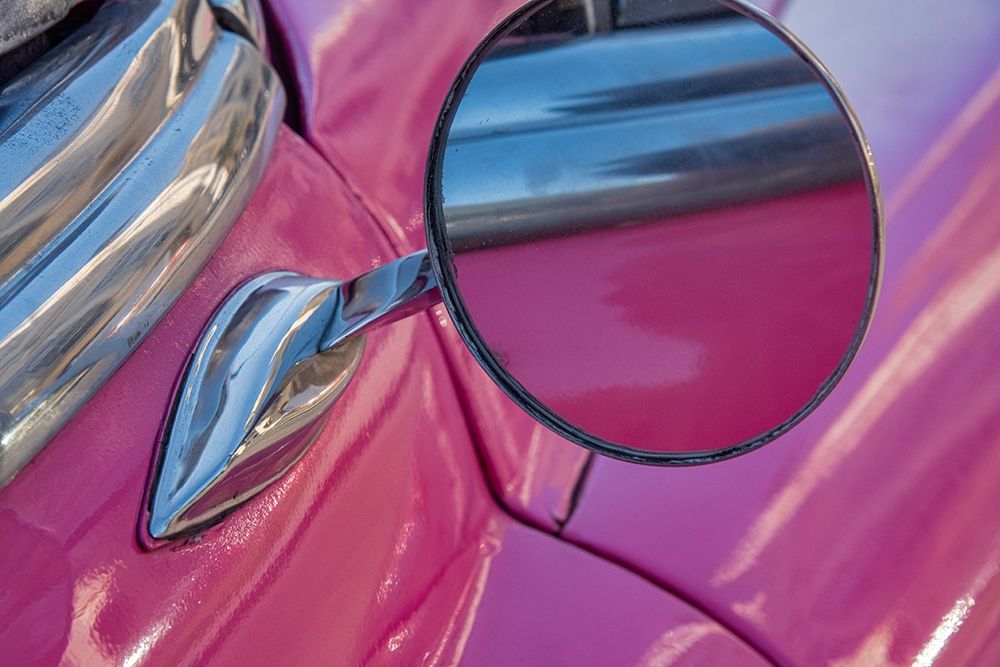 Wall Art Painting id:399464, Name: Close-up side mirror on hot pink classic American Oldsmobile in Vieja-old Habana-Havana-Cuba, Artist: Miglavs, Janis