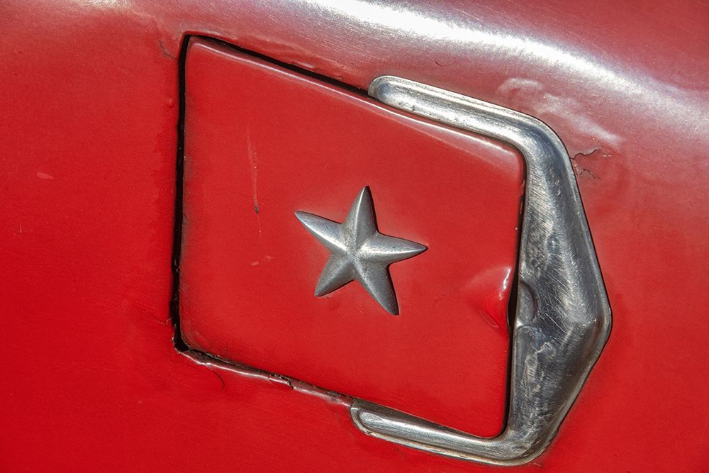 Wall Art Painting id:399465, Name: Detail of gasoline tank door with star on classic American car in Vieja-old Habana-Havana-Cuba, Artist: Miglavs, Janis