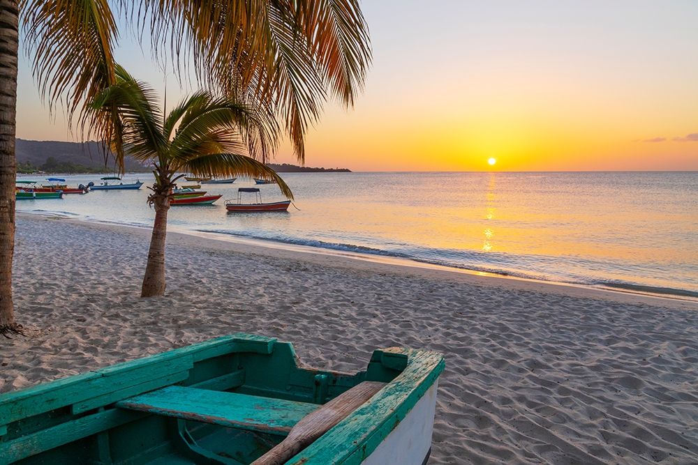 Wall Art Painting id:399499, Name: Caribbean-Grenada-Grenadines Sunset and wooden fishing boat on Grand Anse Beach, Artist: Jaynes Gallery