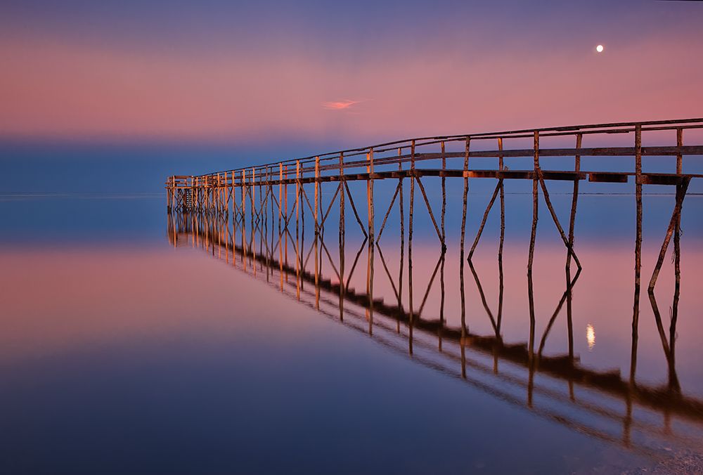 Wall Art Painting id:650997, Name: Canada-Manitoba-Matlock Pier on Lake Winnipeg at dusk with moon, Artist: Jaynes Gallery