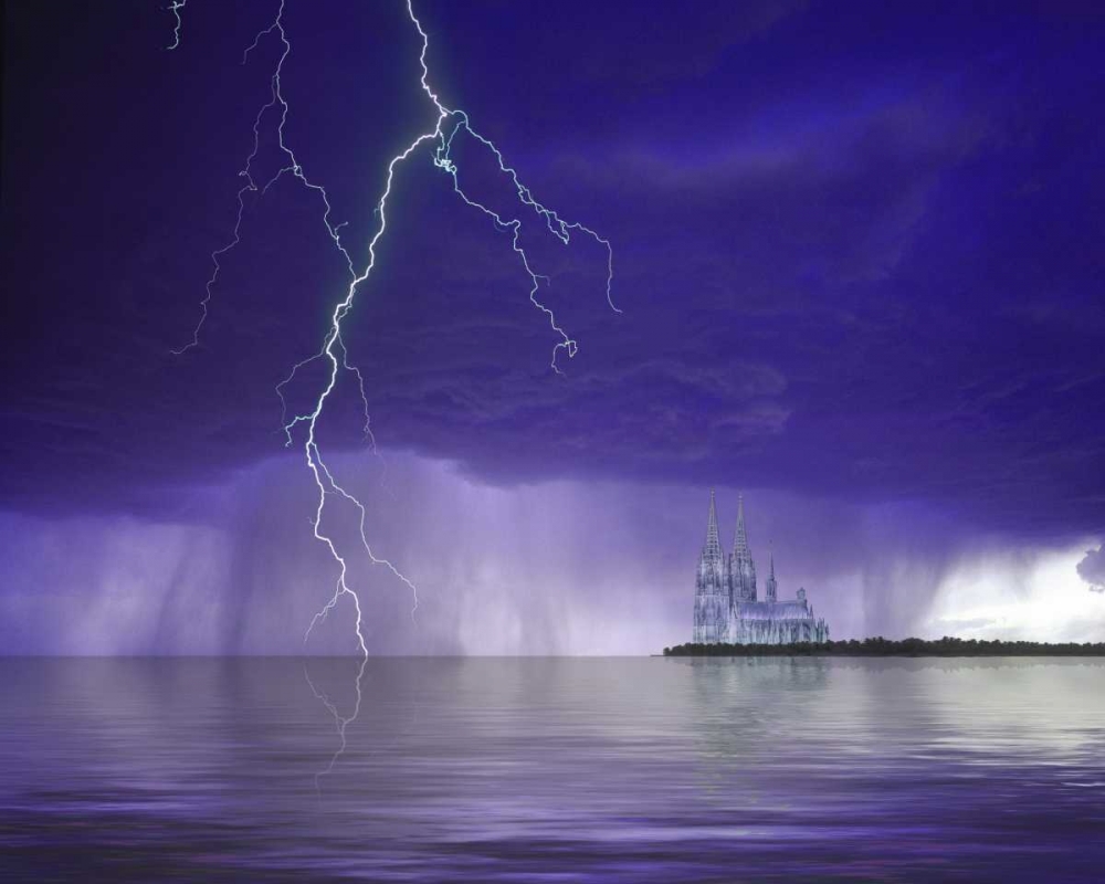 Wall Art Painting id:136612, Name: Gantasy cathedral, lightning and water, Artist: Zuckerman, Jim