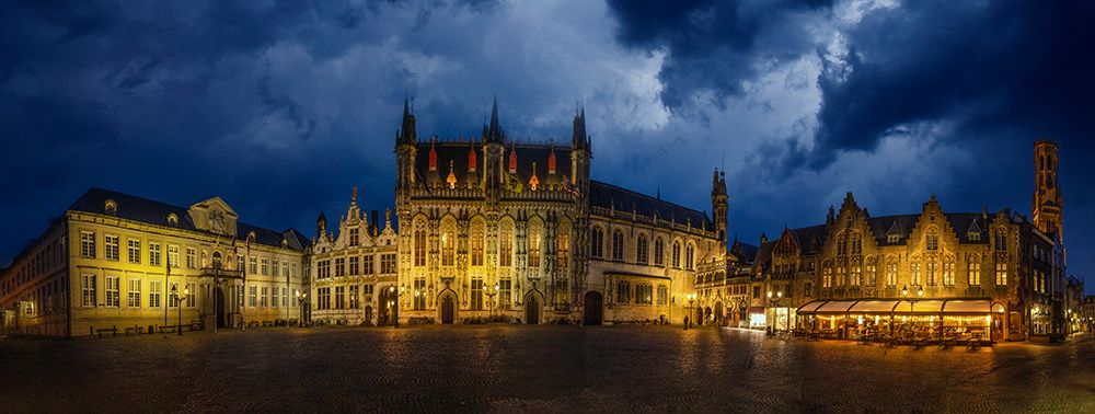 Wall Art Painting id:603942, Name: Belgium-Brugge. Panoramic of medieval architecture and square at night., Artist: Jaynes Gallery