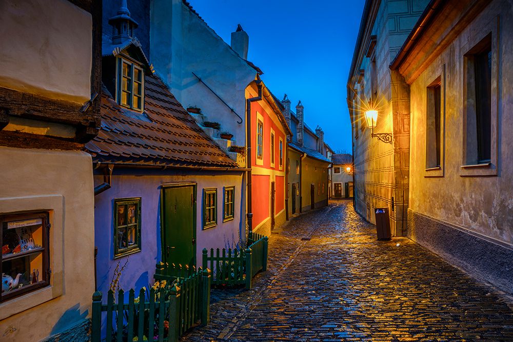 Wall Art Painting id:517857, Name: Europe-Czech Republic-Prague-Golden Lane buildings and street at night, Artist: Jaynes Gallery