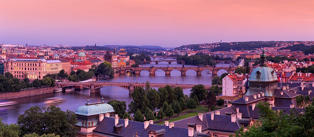 Wall Art Painting id:517859, Name: Europe-Czech Republic-Prague-Panoramic overview of Vltava River and bridges, Artist: Jaynes Gallery