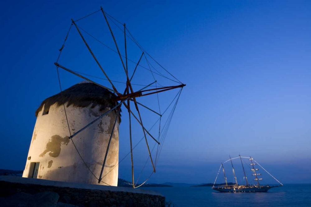 Wall Art Painting id:136512, Name: Greece, Mykonos, Hora Windmill and luxury yacht, Artist: Young, Bill