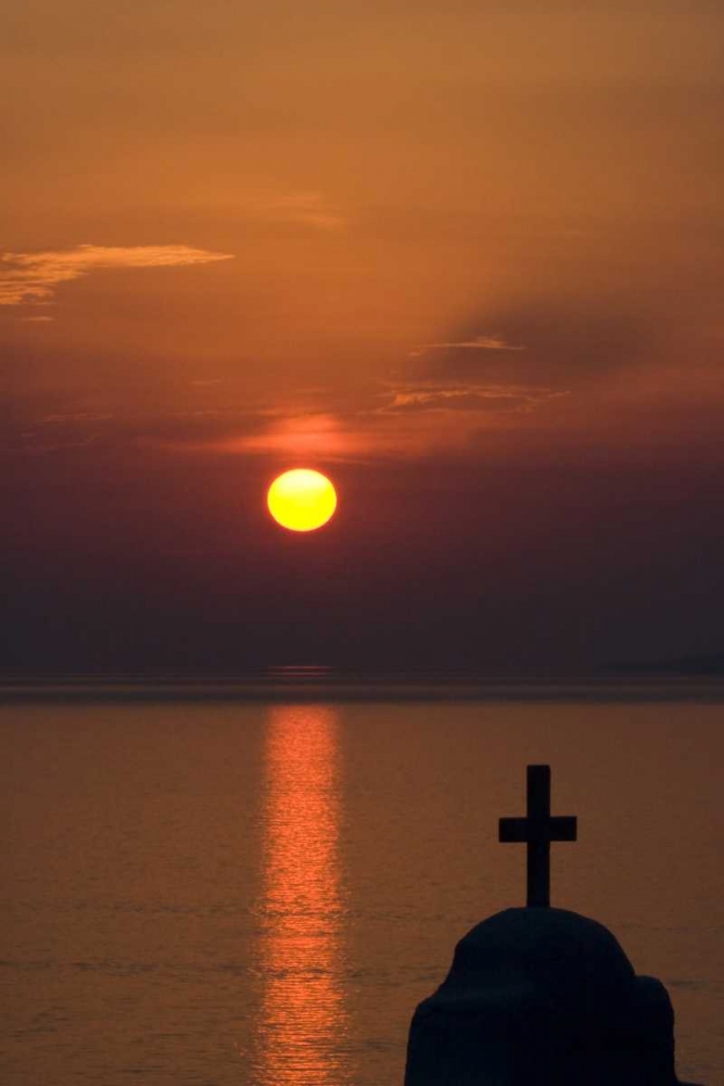 Wall Art Painting id:136386, Name: Greece, Mykonos Greek Orthodox church, sunset, Artist: Young, Bill