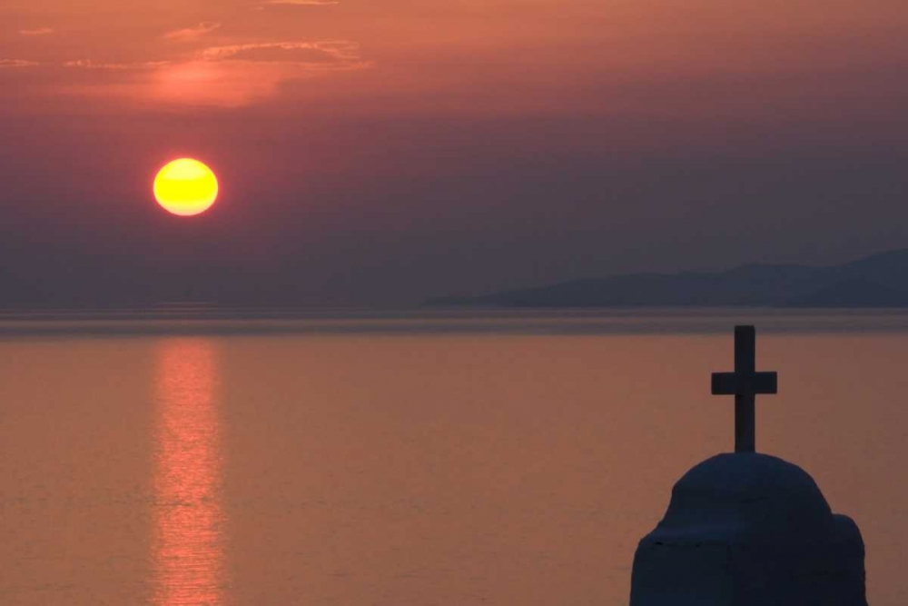 Wall Art Painting id:136387, Name: Greece, Mykonos Greek Orthodox church, sunset, Artist: Young, Bill