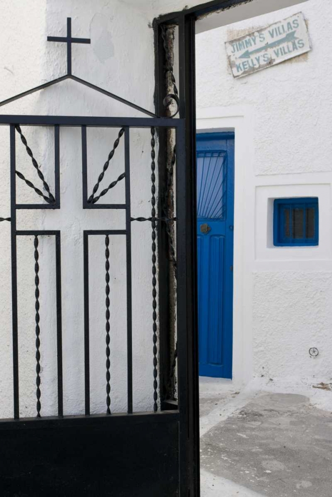 Wall Art Painting id:136237, Name: Greece, Santorini Black iron church gate, Artist: Young, Bill