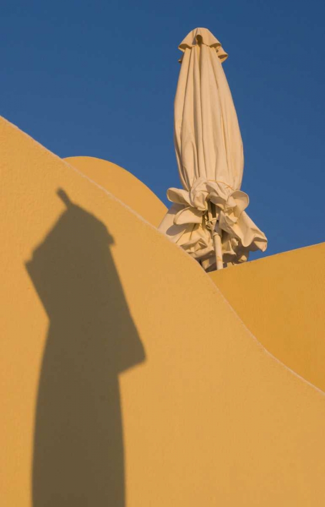 Wall Art Painting id:136419, Name: Greece, Santorini Sun umbrella against a wall, Artist: Young, Bill