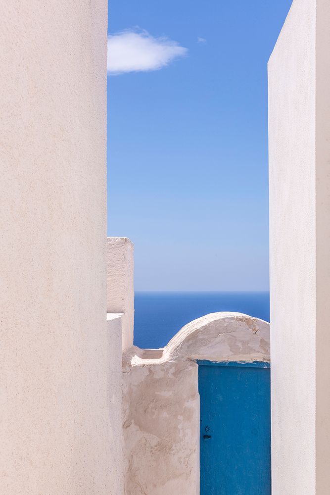Wall Art Painting id:517917, Name: Europe-Greece-Thirasia-White building and blue door and ocean, Artist: Jaynes Gallery