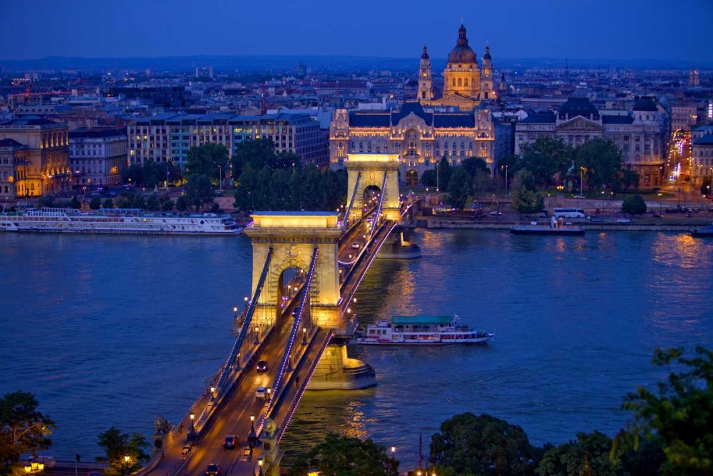 Wall Art Painting id:136691, Name: Hungary, Budapest Chain Bridge lit at night, Artist: Zuckerman, Jim