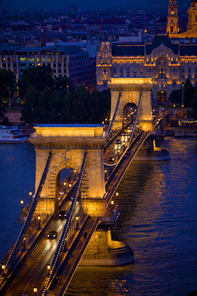 Wall Art Painting id:136693, Name: Hungary, Budapest Chain Bridge lit at night, Artist: Zuckerman, Jim