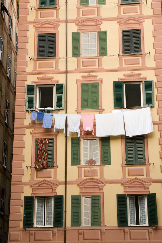 Wall Art Painting id:130370, Name: Italy, Camogli Laundry hangs across a building, Artist: Kaveney, Wendy