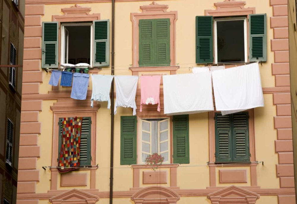 Wall Art Painting id:130371, Name: Italy, Camogli Laundry hangs across a building, Artist: Kaveney, Wendy