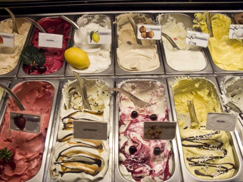 Wall Art Painting id:130187, Name: Italy, Parma Many flavors of gelato for sale, Artist: Kaveney, Wendy