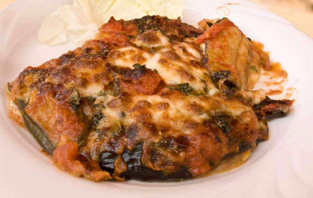 Wall Art Painting id:130076, Name: Italy, Positano Plate of eggplant parmesan, Artist: Kaveney, Wendy