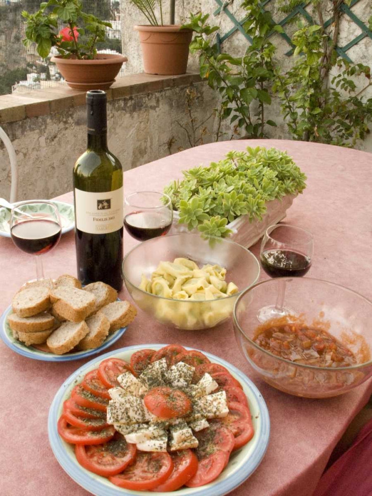 Wall Art Painting id:130065, Name: Italy, Positano Meal of antipasti and wine, Artist: Kaveney, Wendy