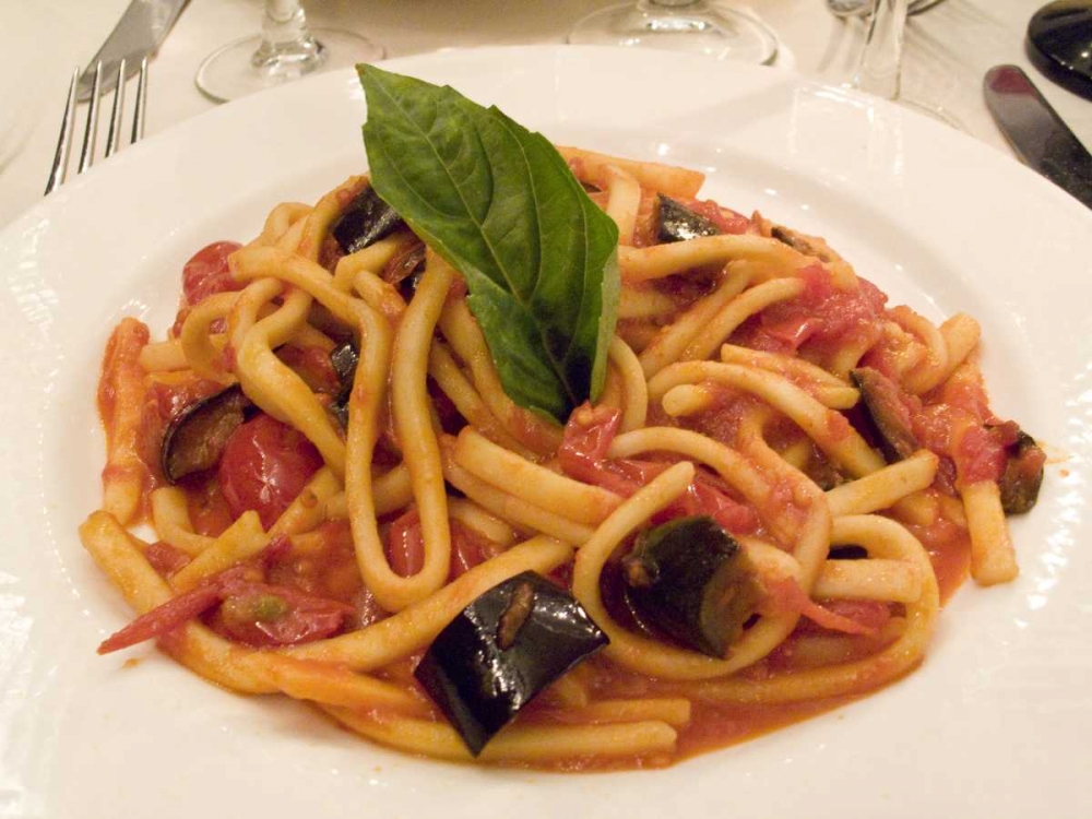 Wall Art Painting id:130117, Name: Italy, Positano Plate of pasta and eggplant, Artist: Kaveney, Wendy