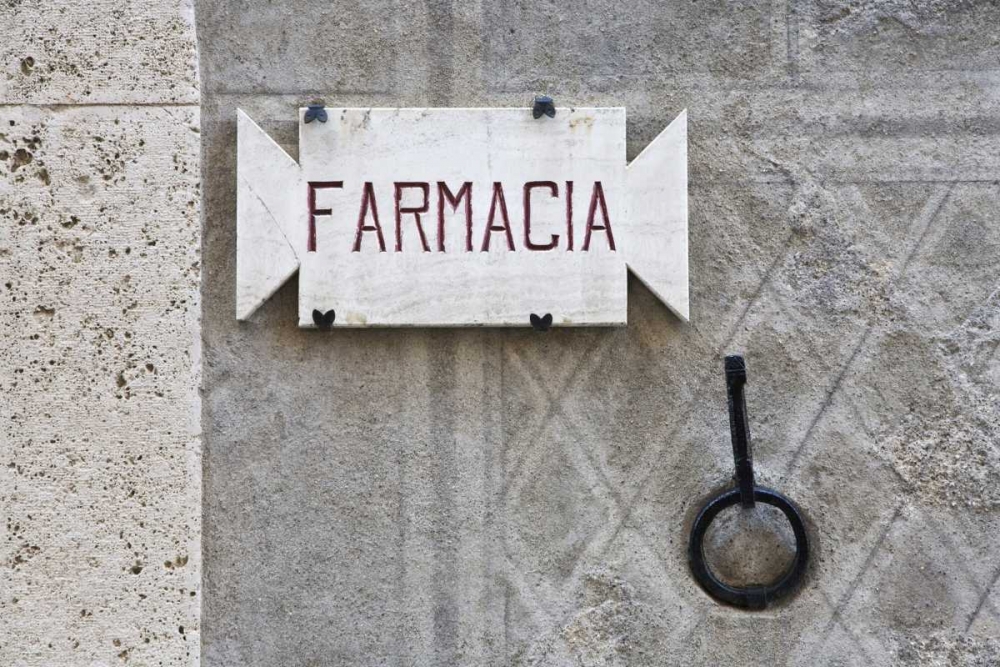 Wall Art Painting id:127632, Name: Italy, Tuscany, Pienza Pharmacy sign on wall, Artist: Flaherty, Dennis