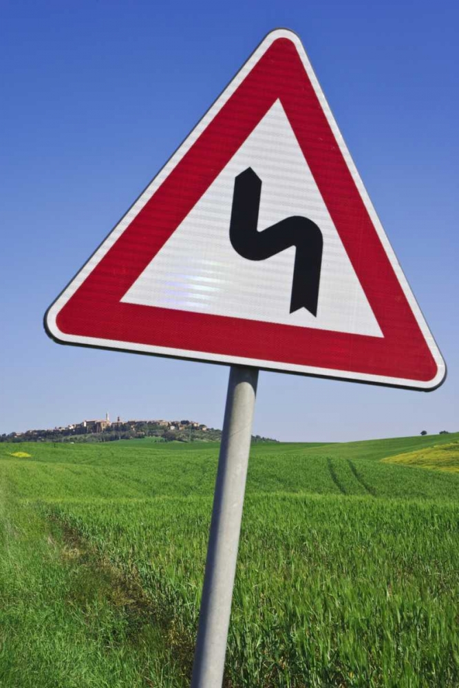 Wall Art Painting id:127506, Name: Italy, Tuscany, Pienza Road sign warning, Artist: Flaherty, Dennis