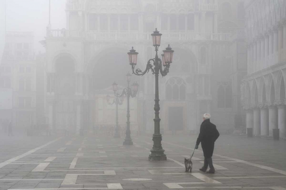 Wall Art Painting id:130007, Name: Italy, Venice A man walks his dog in fog, Artist: Kaveney, Wendy