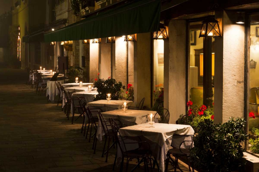 Wall Art Painting id:136328, Name: Italy, Venice Restaurant tables lit at night, Artist: Young, Bill