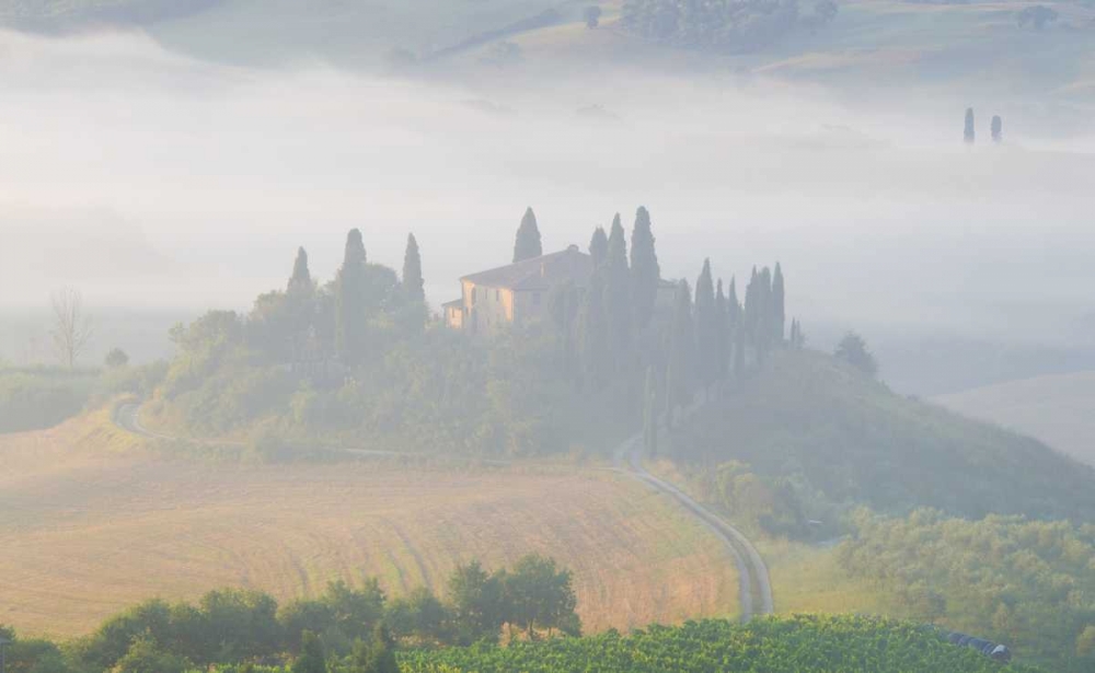 Wall Art Painting id:127316, Name: Italy, Tuscany Belvedere house in morning fog, Artist: Delisle, Gilles