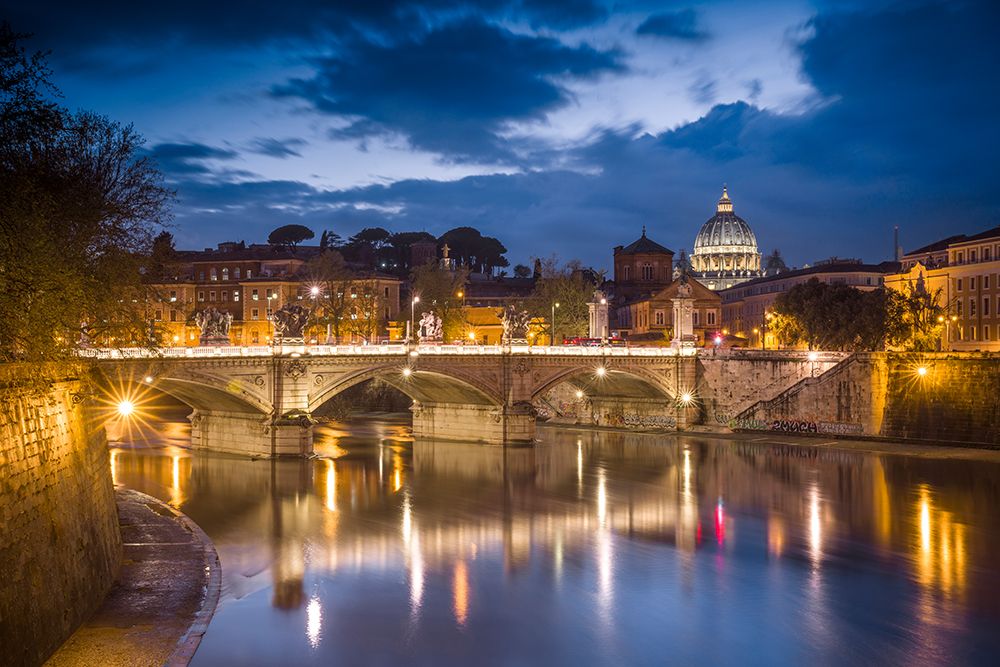 Wall Art Painting id:518002, Name: Europe-Italy-Rome-Dome of Sistine Chapel with Tiber River and bridge lit at sunset, Artist: Jaynes Gallery