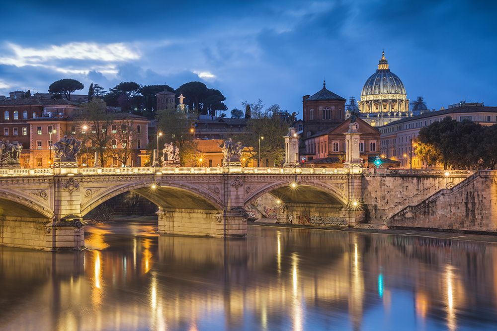 Wall Art Painting id:518003, Name: Europe-Italy-Rome-Dome of Sistine Chapel with Tiber River and bridge lit at sunset, Artist: Jaynes Gallery