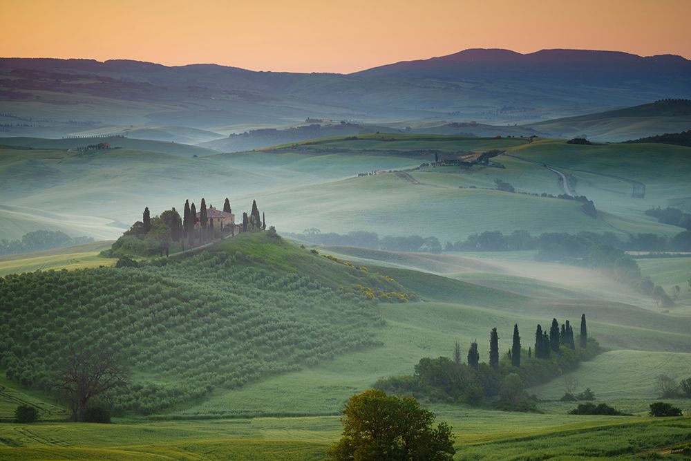 Wall Art Painting id:518008, Name: Europe-Italy-Tuscany-Val d Orcia-Belvedere farmhouse at sunrise, Artist: Jaynes Gallery