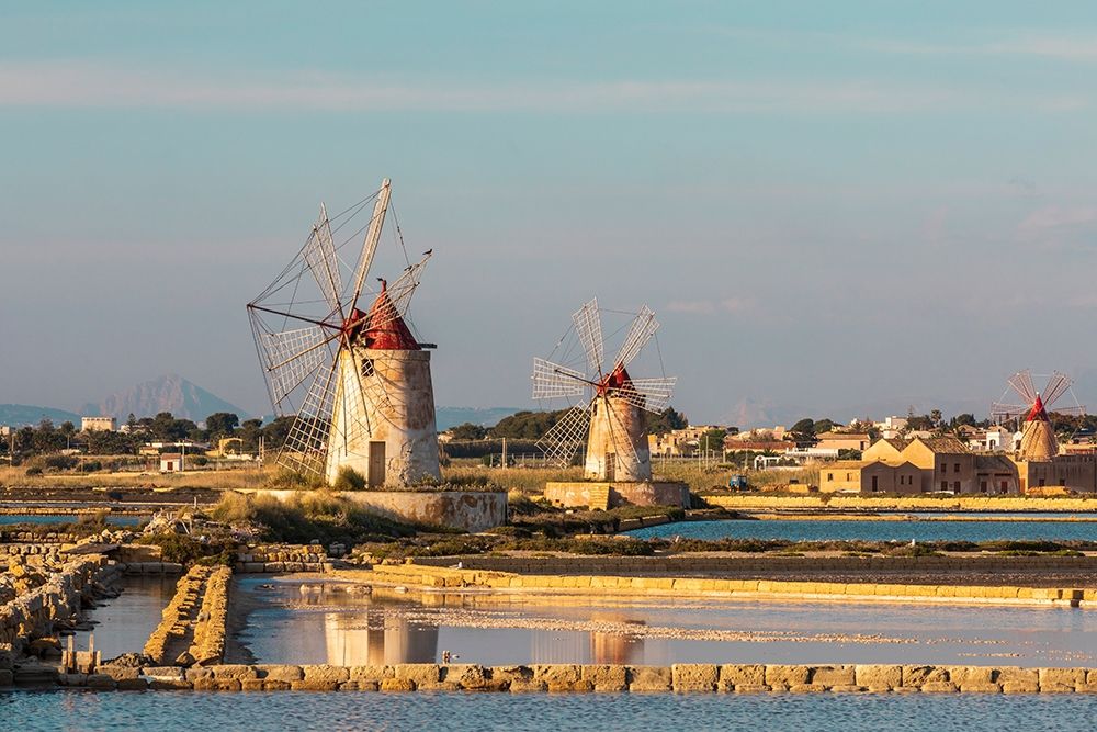 Wall Art Painting id:402939, Name: Trapani Province-Marsala Wind mills at the salt evaporation ponds in the Stagnone Nature Reserve, Artist: Wilson, Emily