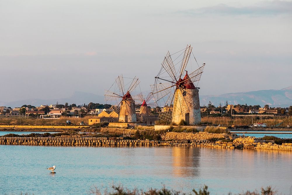 Wall Art Painting id:402940, Name: Trapani Province-Marsala Wind mills at the salt evaporation ponds in the Stagnone Nature Reserve, Artist: Wilson, Emily